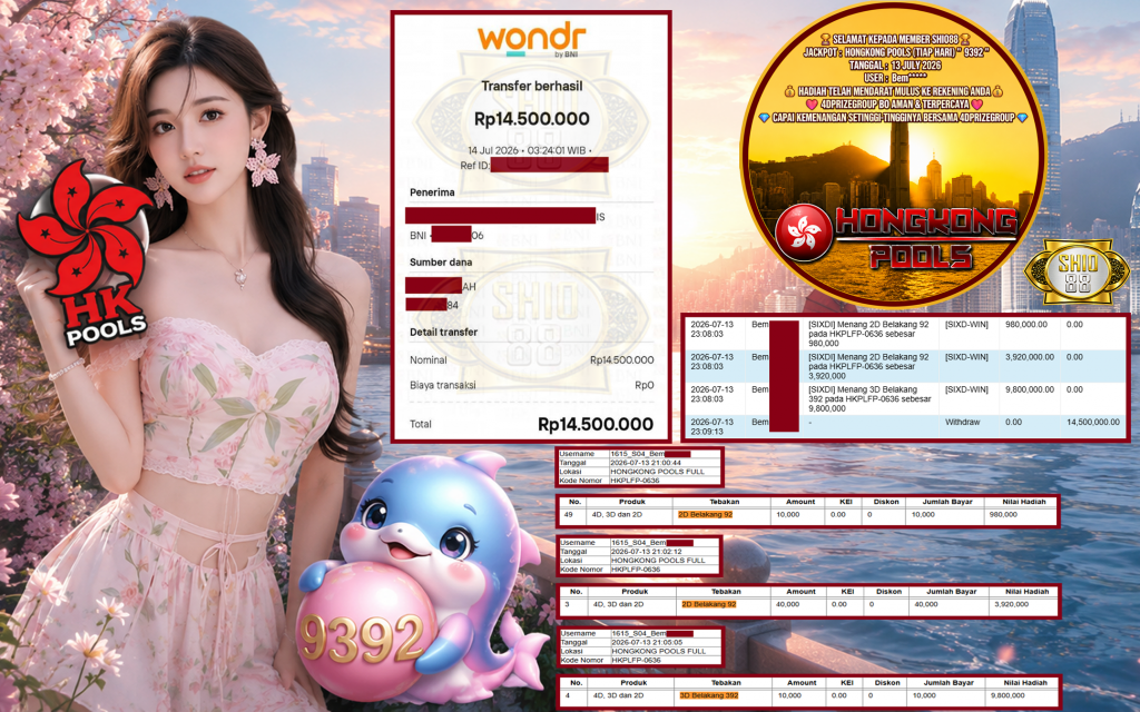 SHIO88 JACKPOT HONGKONG POOLS (TIAP HARI) ” 9392 ” Rp. 14.500.000 ,- LUNAS