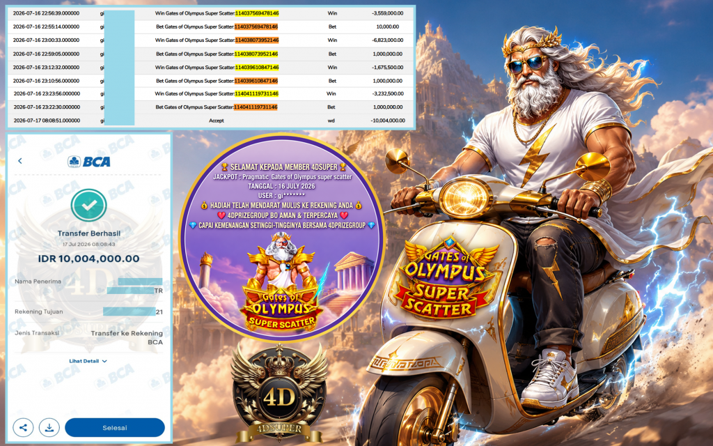 4DSUPER JACKPOT PRAGMATIC ” Gates of Olympus super scatter ” Rp 10.000.004 ,- LUNAS