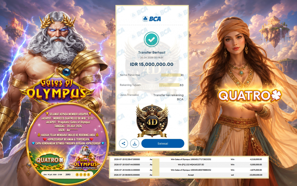 4DSUPER JACKPOT MOROCCO QUATRO 03:00 WIB ” 5132 ” , Pragmatic Gates of Olympus Rp. 15.000.000 ,- LUNAS
