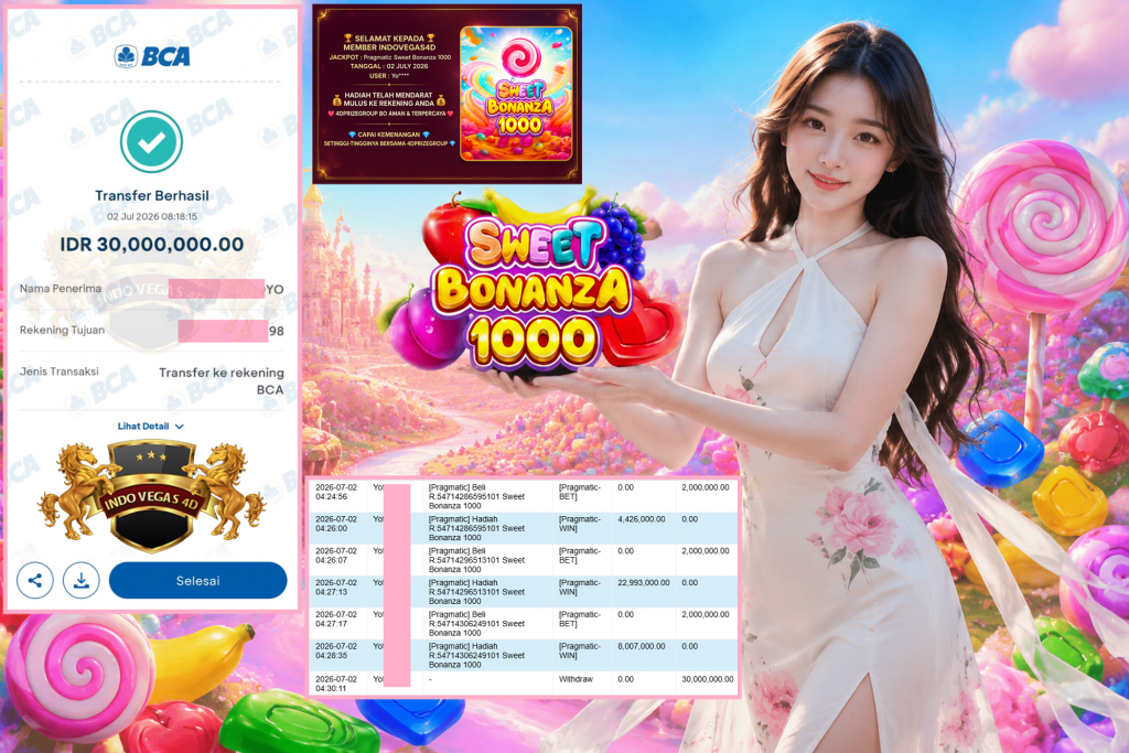 INDOVEGAS4D JACKPOT PRAGMATIC β Sweet Bonanza 1000 β Rp 30.000.000 ,- LUNAS