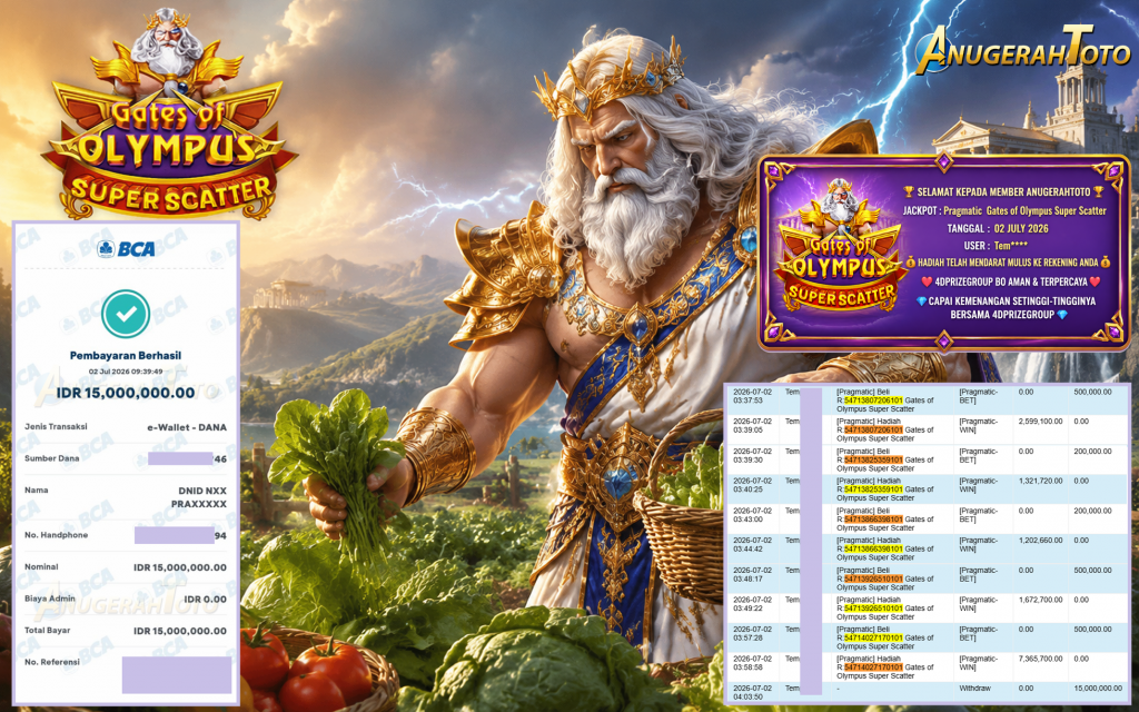 ANUGERAHTOTO JACKPOT PRAGMATIC ” Gates of Olympus Super Scatter ” Rp 15.000.000 ,- LUNAS