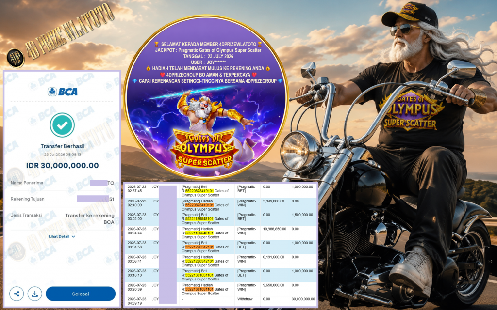 4DPRIZEWLATOTO JACKPOT PRAGMATIC β Gates of Olympus Super Scatter β Rp 30.000.000 ,- LUNAS