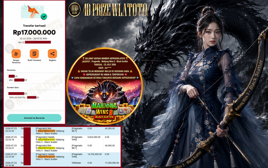 4DPRIZEWLATOTO JACKPOT PRAGMATIC ” Mahjong Wins 3 – Black Scatter ” Rp 17.000.000 ,- LUNAS