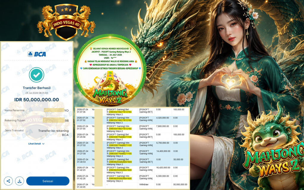 INDOVEGAS4D JACKPOT PGSOFT Gaming ” Mahjong Ways 2 “ Rp 50.000.000 ,- LUNAS