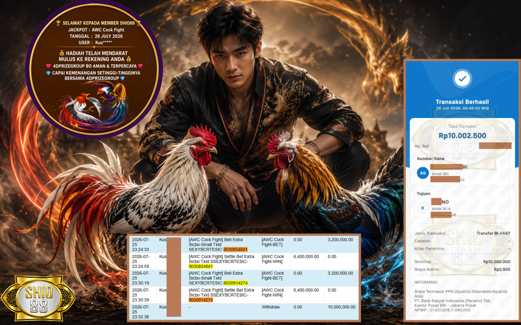 SHIO88 JACKPOT PRAGMATIC “AWC Cock Fight” Rp.10.000.000,- LUNAS