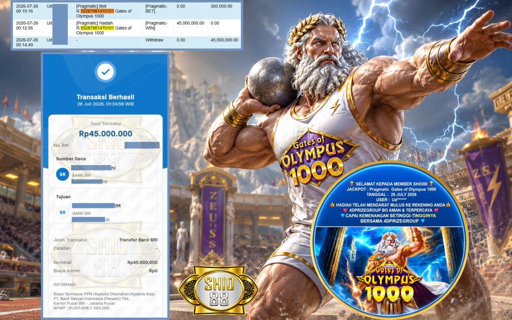 SHIO88 JACKPOT PRAGMATIC ” Gates of Olympus 1000 ” Rp.45.000.000,- LUNAS