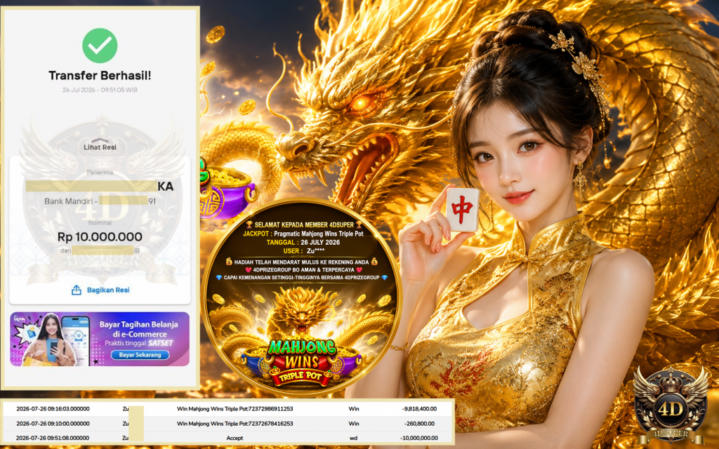 4DSUPER JACKPOT PRAGMATIC ” Mahjong Wins Triple Pot ” Rp.10.000.000,- LUNAS