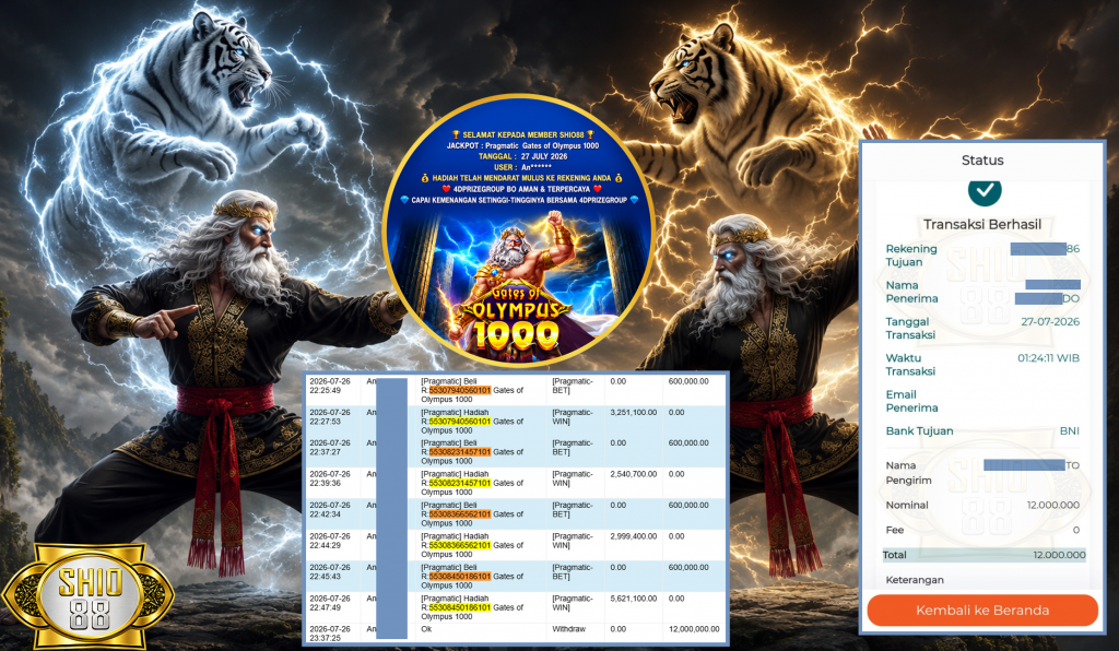 SHIO88 JACKPOT PRAGMATIC ” Gates of Olympus 1000 ” Rp.12.000.000,- LUNAS