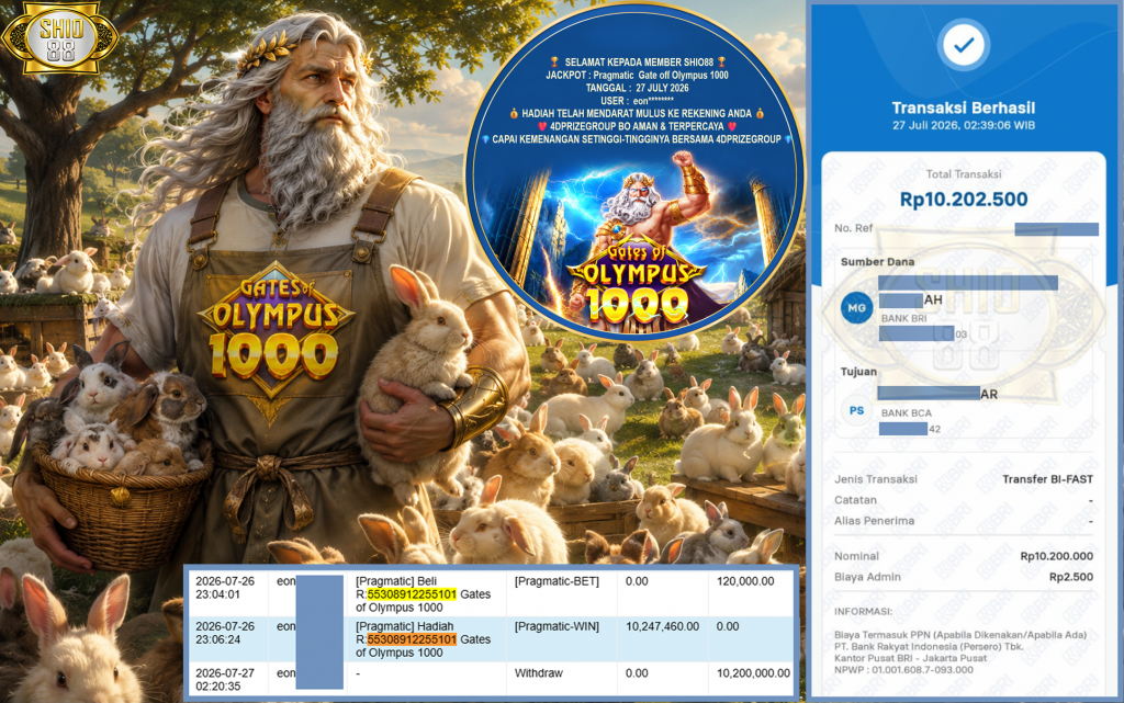 SHIO88 JACKPOT PRAGMATIC ” Gates of Olympus 1000 ” Rp.10.200.000,- LUNAS
