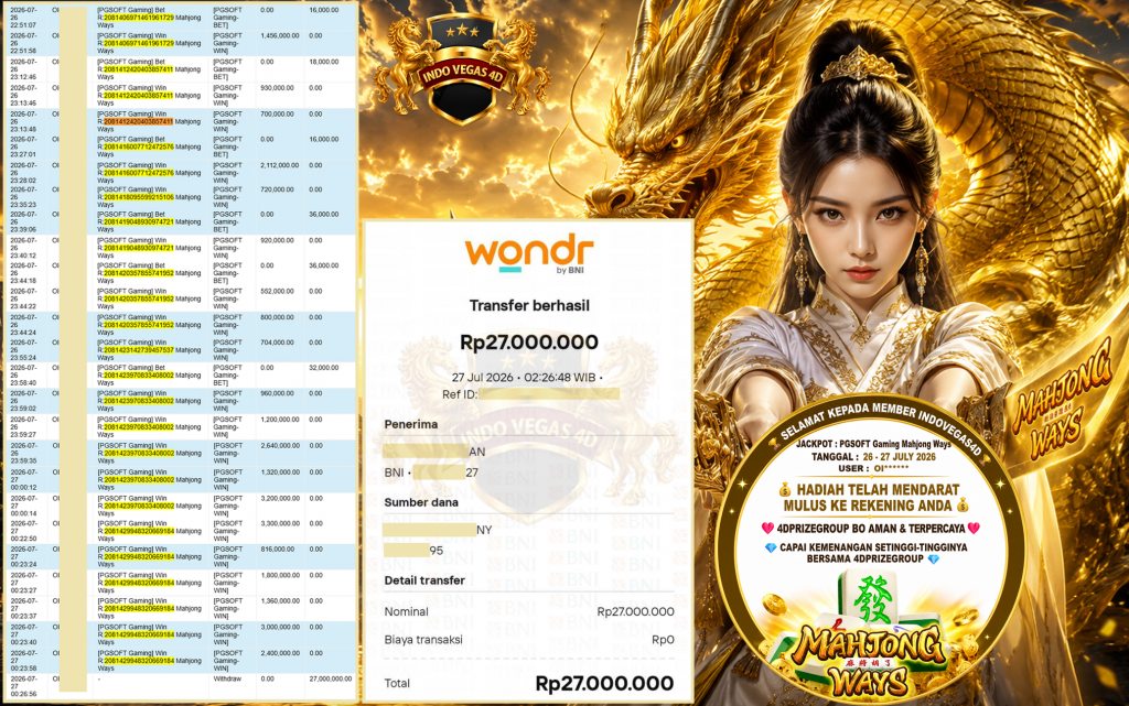 INDOVEGAS4D JACKPOT PGSOFT Gaming ” Mahjong Ways “ Rp.27.000.000,-LUNAS