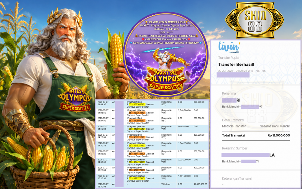 SHIO88 JACKPOT PRAGMATIC ” Gates of Olympus Super Scatter ” Rp.11.000.000,- LUNAS