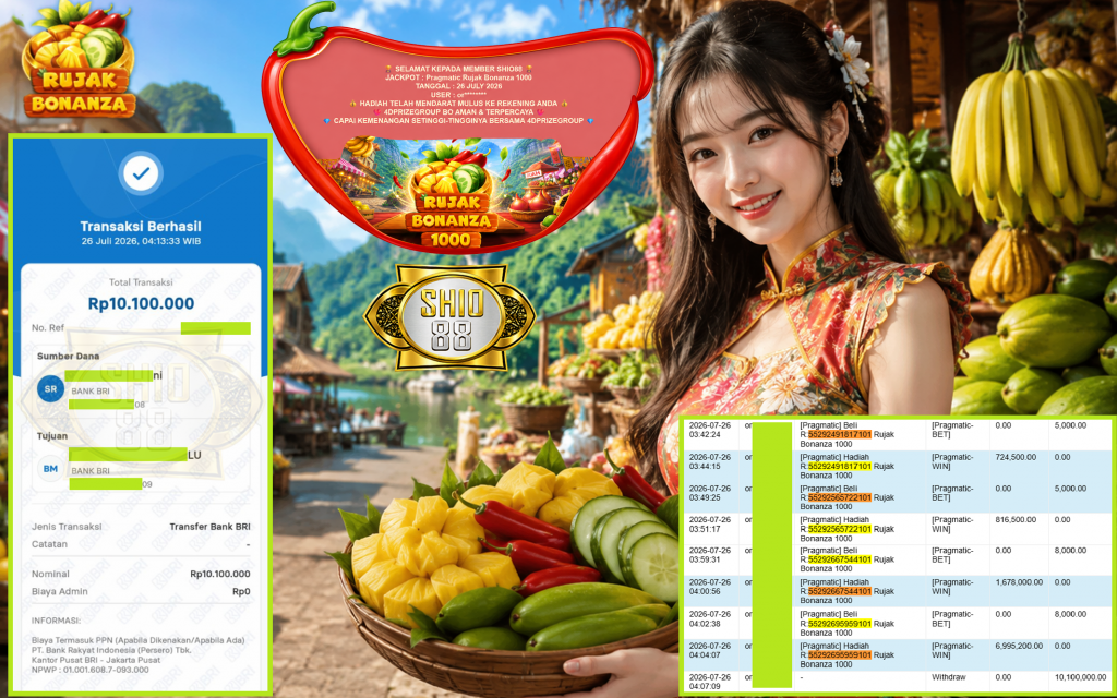 SHIO88 JACKPOT PRAGMATIC ” Rujak Bonanza 1000 ” Rp.10.100.000,- LUNAS