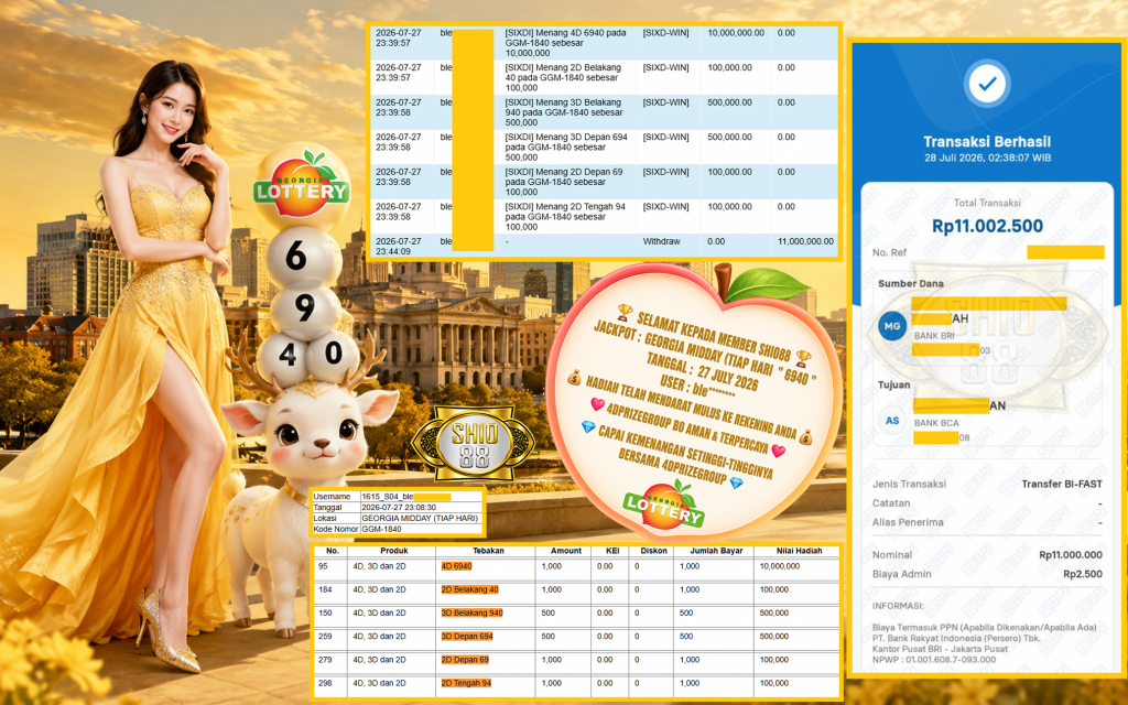 SHIO88 JACKPOT GEORGIA MIDDAY (TIAP HARI) ” 6940 ” Rp.11.000.000,-LUNAS