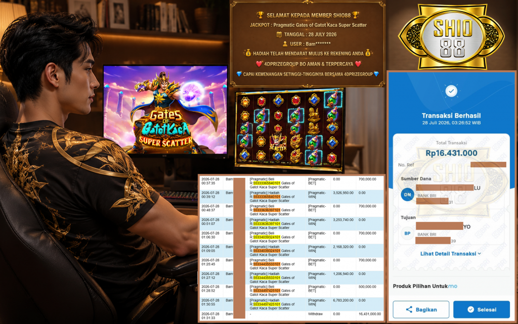 SHIO88 JACKPOT PRAGMATIC ” Gates of Gatot Kaca Super Scatter ” Rp.16.431.000,- LUNAS