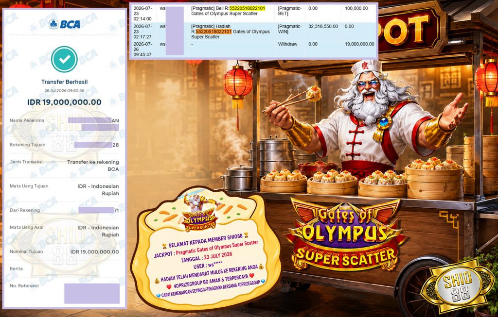 SHIO88 JACKPOT PRAGMATIC β Gates of Olympus Super Scatter β Rp.19.000.000,- LUNAS