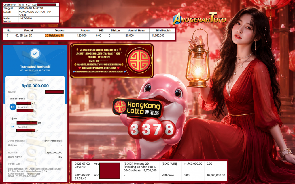 ANUGERAHTOTO JACKPOT HONGKONG LOTTO (TIAP HARI) ” 3378 ” Rp. 10.000.000 ,- LUNAS