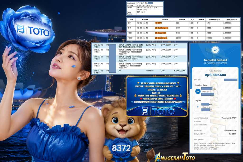 ANUGERAHTOTO JACKPOT SINGAPORE (SELASA & JUMAT OFF) ” 8372 ” Rp. 10.000.000 ,- LUNAS
