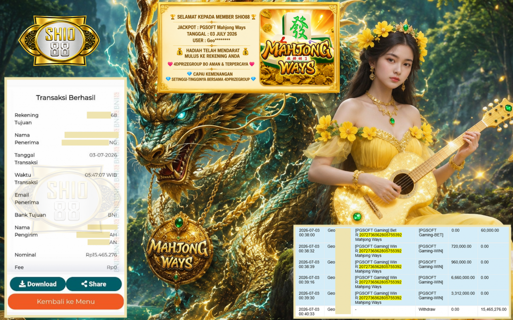 SHIO88 JACKPOT PGSOFT Gaming ” Mahjong Ways “ Rp 15.465.276 ,- LUNAS