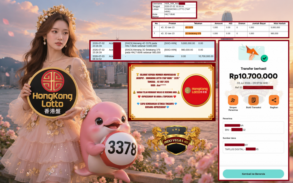 INDOVEGAS4D JACKPOT HONGKONG LOTTO (TIAP HARI) ” 3378 ” Rp. 10.700.000 ,- LUNAS