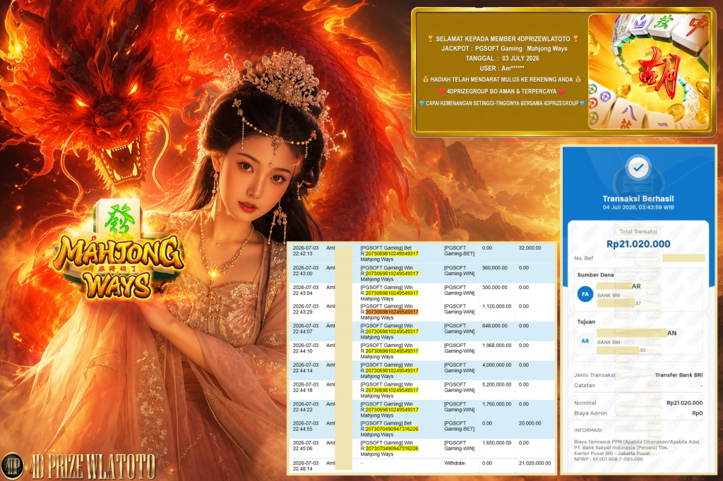 4DPRIZEWLATOTO JACKPOT PGSOFT Gaming ” Mahjong Ways “ Rp 21.020.000 ,- LUNAS