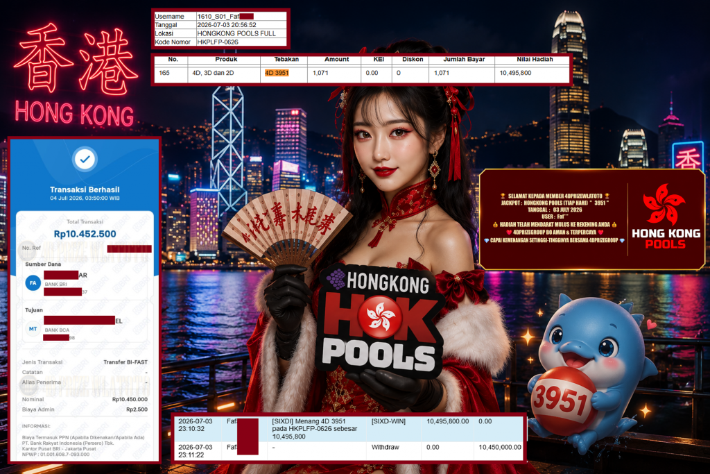 4DPRIZEWLATOTO JACKPOT HONGKONG POOLS (TIAP HARI) ” 3951 ” Rp. 10.450.000 ,- LUNAS