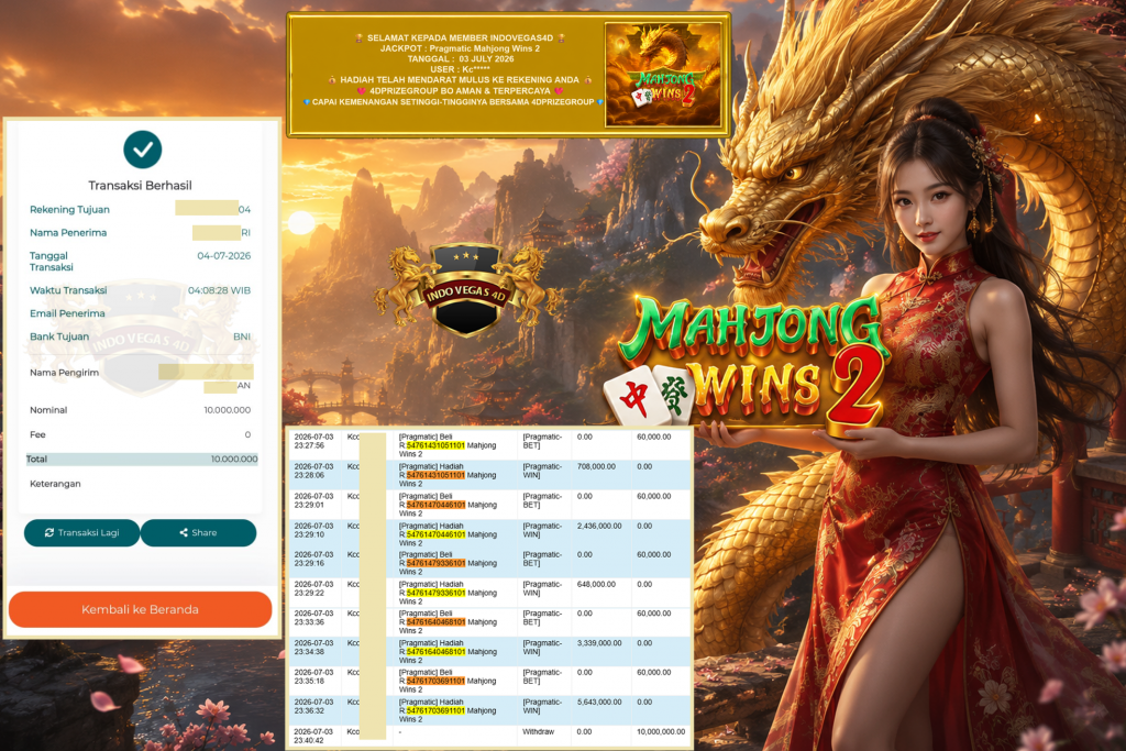 INDOVEGAS4D JACKPOT PRAGMATIC ” Mahjong Wins 2 ” Rp 10.000.000 ,- LUNAS