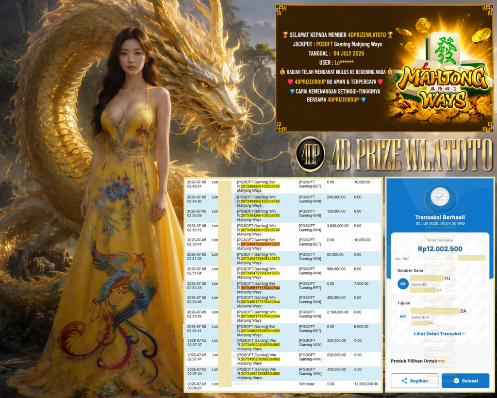 4DPRIZEWLATOTO JACKPOT PGSOFT Gaming ” Mahjong Ways “ Rp 12.000.000 ,- LUNAS