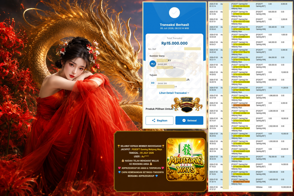 INDOVEGAS4D JACKPOT PGSOFT Gaming ” Mahjong Ways “‎‎‏‏ ‎‎‏‏‎‎‏‏ Rp 15.000.000 ,- LUNAS