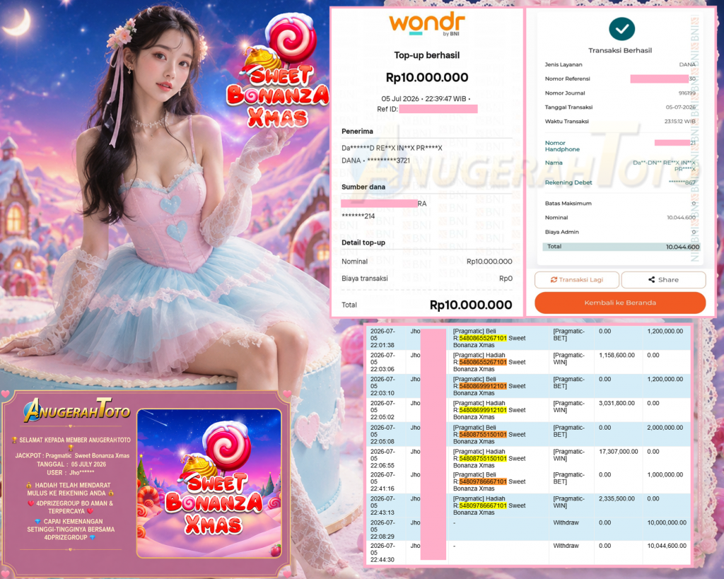ANUGERAHTOTO JACKPOT PRAGMATIC ” Sweet Bonanza Xmas ” Rp 20.044.600 ,- LUNAS