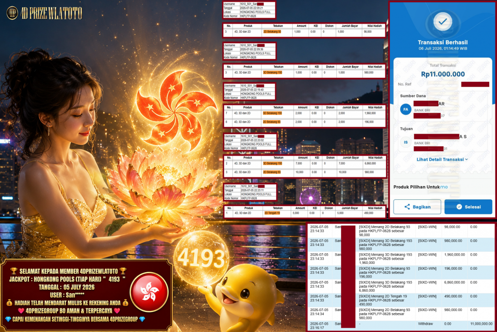 4DPRIZEWLATOTO JACKPOT HONGKONG POOLS (TIAP HARI) ” 4193 ” Rp. 11.000.000 ,- LUNAS