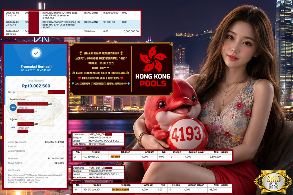SHIO88 JACKPOT HONGKONG POOLS (TIAP HARI) ” 4193 ” Rp. 10.000.000 ,- LUNAS