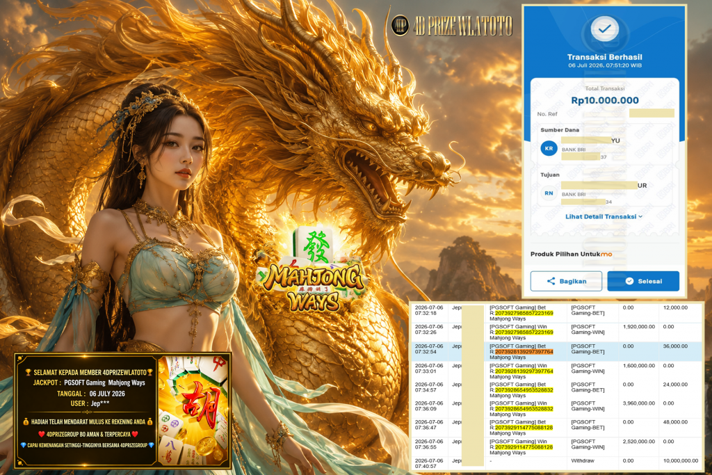 4DPRIZEWLATOTO JACKPOT PGSOFT Gaming ” Mahjong Ways “‎‎‏‏ ‎‎‏‏‎‎‏‏ Rp 10.000.000 ,- LUNAS