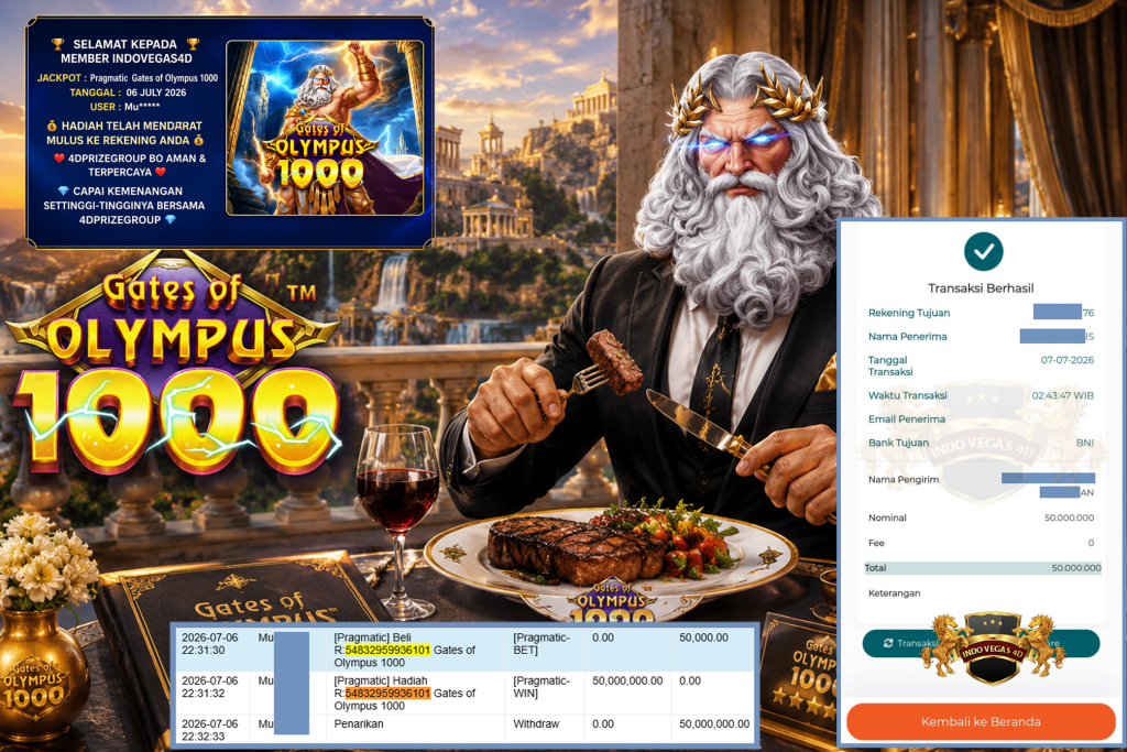 INDOVEGAS4D JACKPOT PRAGMATIC ” Gates of Olympus 1000 ” Rp 50.000.000 ,- LUNAS