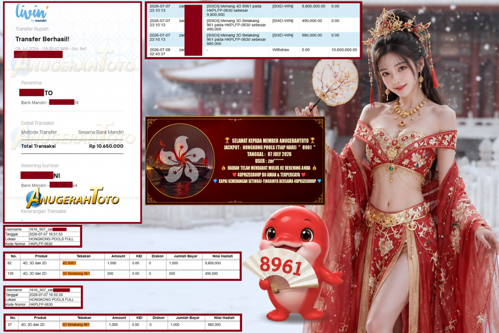 ANUGERAHTOTO JACKPOT HONGKONG POOLS (TIAP HARI) ” 8961 ” Rp. 10.650.000 ,- LUNAS