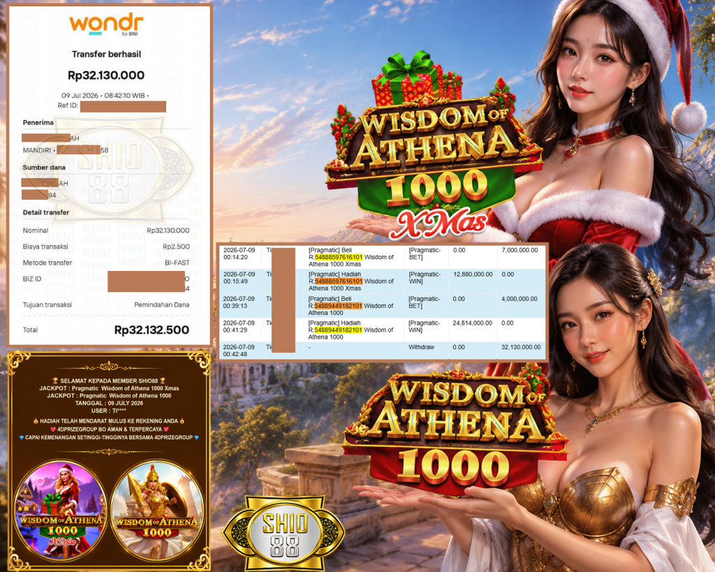 SHIO88 JACKPOT PRAGMATIC ” Wisdom of Athena 1000 Xmas , Wisdom of Athena 1000 ” Rp 32.130.000 ,- LUNAS