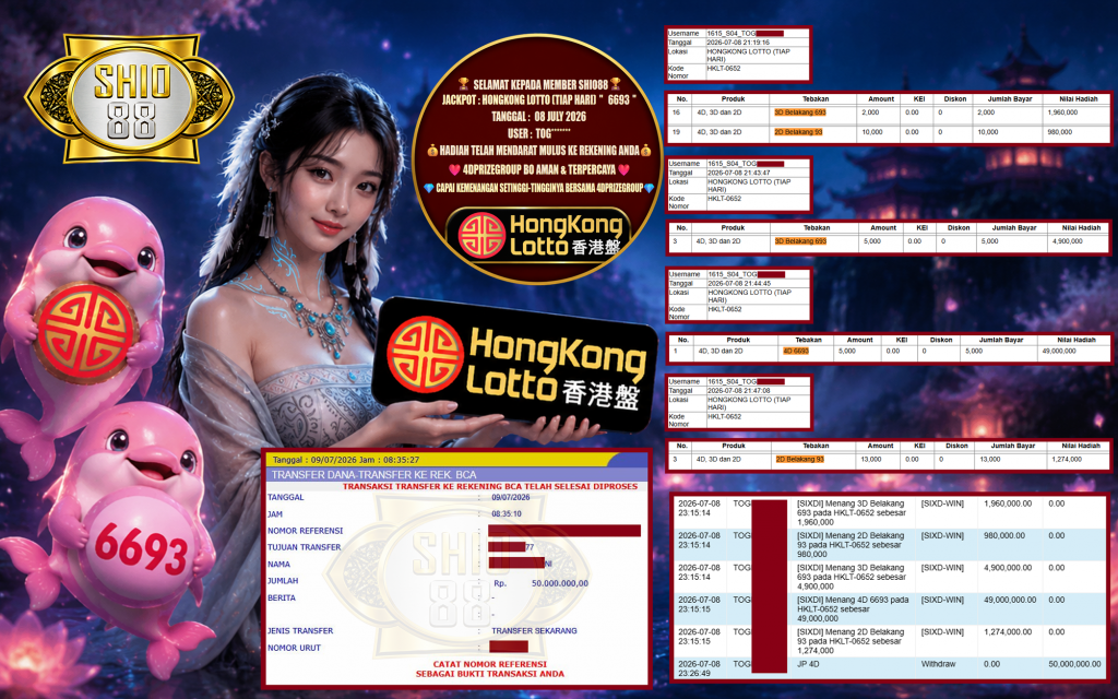 SHIO88 JACKPOT HONGKONG LOTTO (TIAP HARI) ” 6693 ” Rp. 50.000.000 ,- LUNAS
