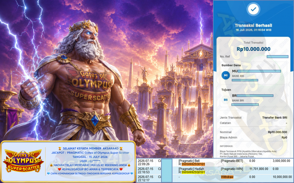 AKSARA4D JACKPOT PRAGMATIC ” Gates of Olympus Super Scatter ” Rp 10,000,000,- LUNAS