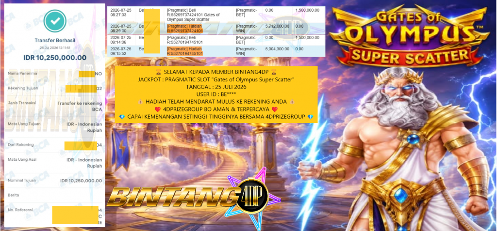 BINTANG4DP JACKPOT Pragmatic “Gates of Olympus Super Scatter” Rp10.250.000,- LUNAS