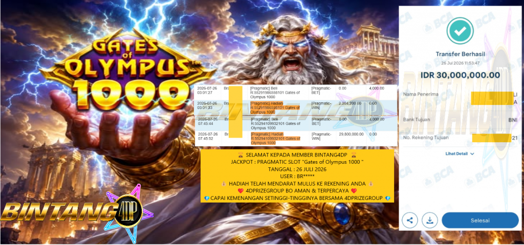 BINTANG4DP JACKPOT PRAGMATIC SLOT โGates of Olympus 1000 โ Rp30.000.000,- LUNAS