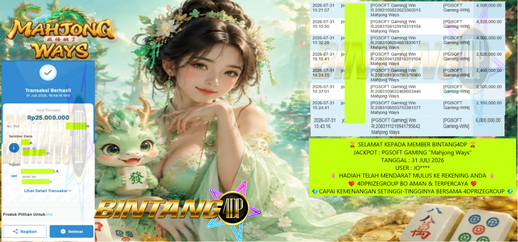 BINTANG4DP JACKPOT PGSOFT GAMING “Mahjong Ways” Rp 25.000.000,- LUNAS