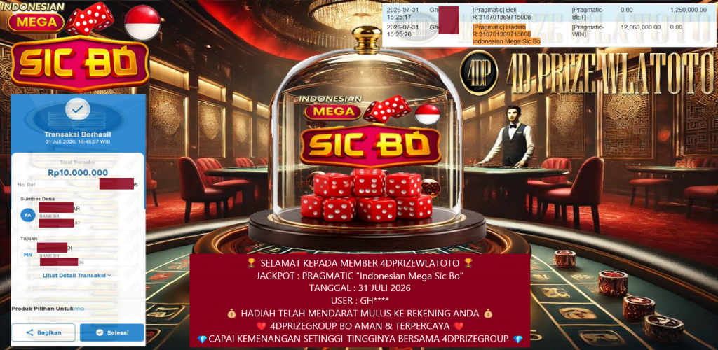 4DPRIZEWLATOTO JACKPOT PRAGMATIC “Indonesian Mega Sic Bo”‎ ‎‏‏‎Rp 10.000.000,- LUNAS
