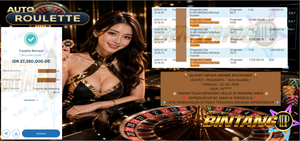BINTANG4DP JACKPOT PRAGMATIC βAuto Roulette β Rp27.350.000,- LUNAS