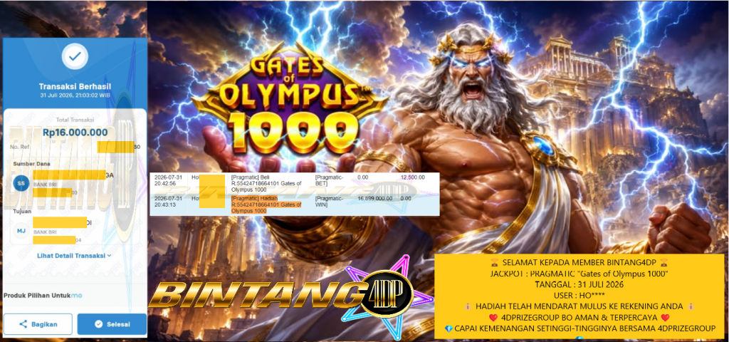 BINTANG4DP JACKPOT PRAGMATIC “Gates of Olympus 1000″ Rp 16.000.000,- LUNAS