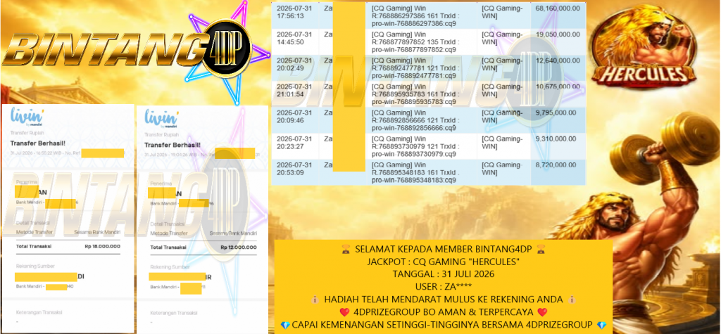 BINTANG4DP JACKPOT CQ GAMING “HERCULES” Rp 30.000.000,- LUNAS
