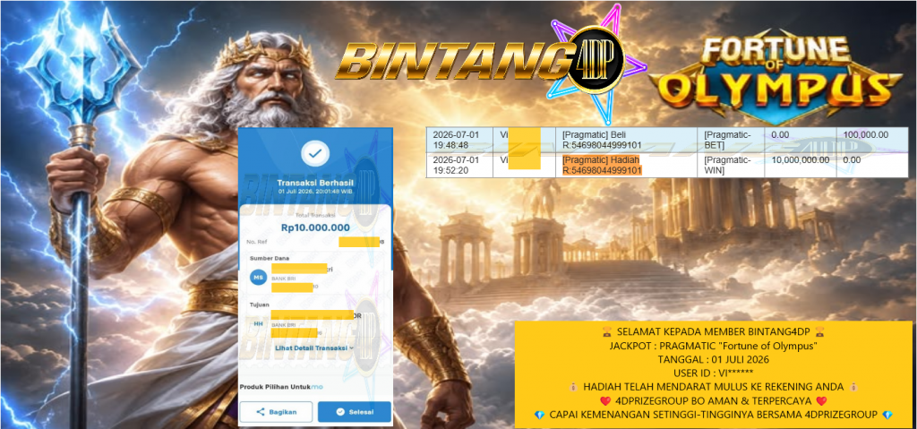 BINTANG4DP JACKPOT PRAGMATIC “Fortune of Olympus” Rp 10.000.000,- LUNAS