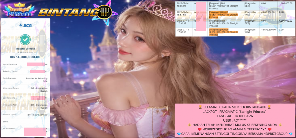 BINTANG4DP JACKPOT PRAGMATIC “Starlight Princess” Rp14.000.000,- LUNAS