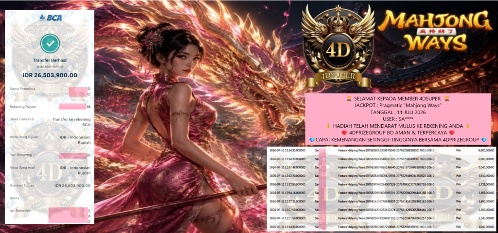 4DSUPER JACKPOT Pragmatic “Mahjong Ways″ Rp26,503,900,- LUNAS