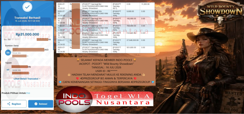 INDO-POOLS JACKPOT PRAGMATIC “Wild Bounty Showdown″ Rp 31.000.000,- LUNAS