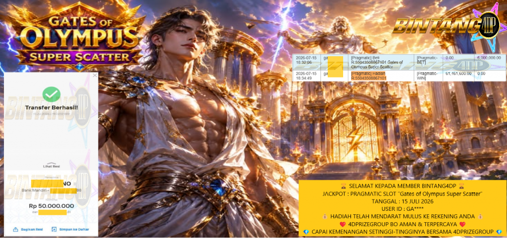 BINTANG4DP JACKPOT PRAGMATIC SLOT βGates of Olympus Super Scatterβ Rp50.000.000,- LUNAS