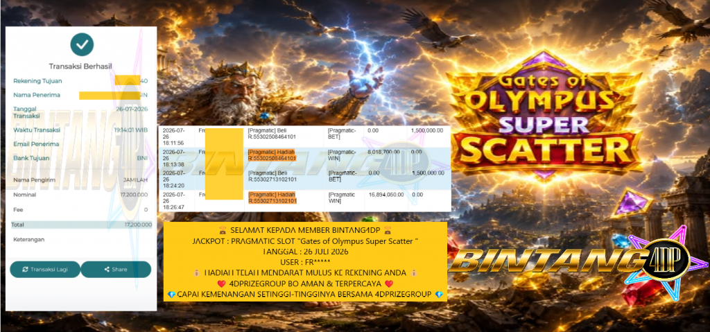 BINTANG4DP JACKPOT PRAGMATIC SLOT “Gates of Olympus Super Scatter” Rp17.200.000,- LUNAS
